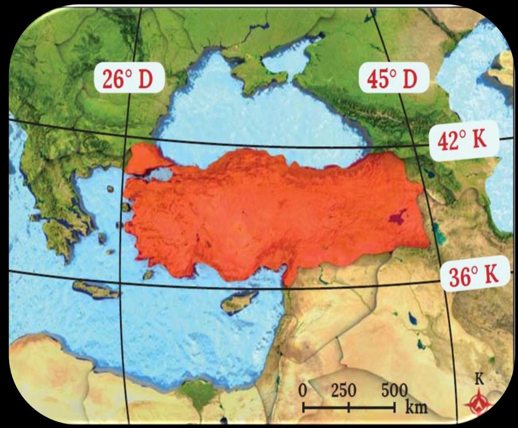 1. Türkiye nin Matematik (Mutlak) Türkiye 36-42 kuzey paralelleri arasında olduğu için; Konumu a)