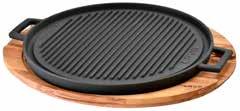 Malzeme Kalınlıkları: Taban: 5 mm. Kenar: 3,5 mm. Front Side: Grill Shape Description: Round Griddle/Grill Plate. Dual side, reversible. Integral metal handles and wooden service platter.