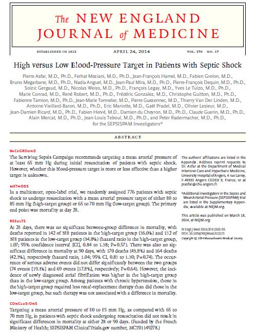 Çok merkezli ve açık etiketli çalışma Fransa da bulunan 29 merkez SEPSISPAM (Sepsis and Mean Arterial Pressure Trial) Septik şokta olan 776 hasta iki farklı kan basıncı hedefine