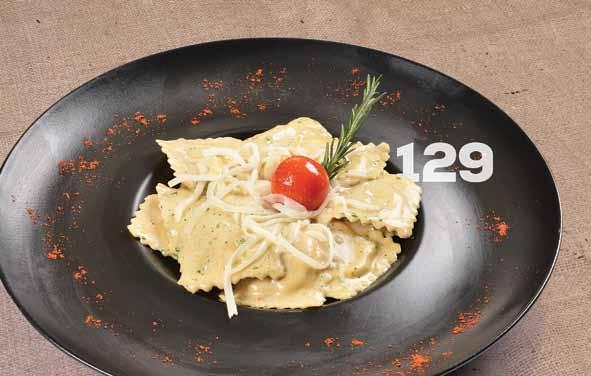 23,50 tl 128 Üç Renkli Tortellini Üç renkli tortellini makarnası, pesto sos, krema ve permasan peyniri ile servis edilir.