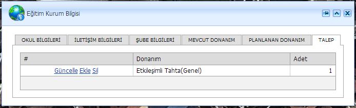 3.4.6. Talep Kurumlar bu sekmeden Donanım talebinde bulunabilir güncelleyebilir veya silebilirler.