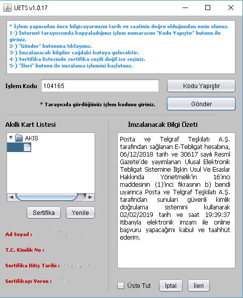 6.adım: UETS e-imza ekranında İşlem Kodu alanına 4.