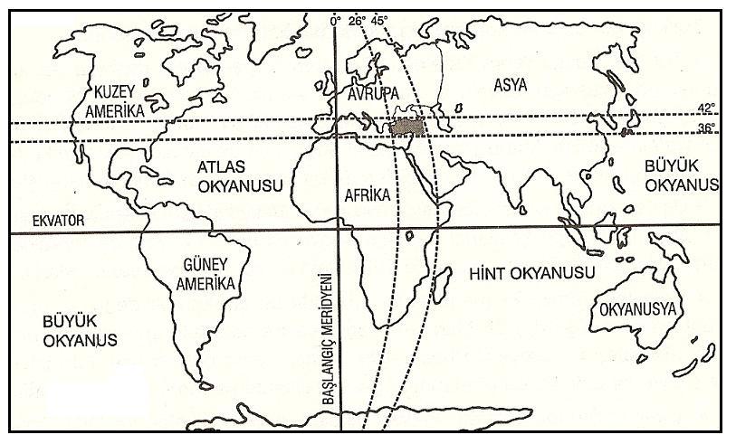 2 Türkiye Coğrafyası ve Jeopolitiği 51 ) dür. Burası kabaca ekvatorla Kuzey Kutbu arasında, ekvatora daha yakın bir bölgedir. Bu paraleller orta kuşaktan geçen paralellerdir.