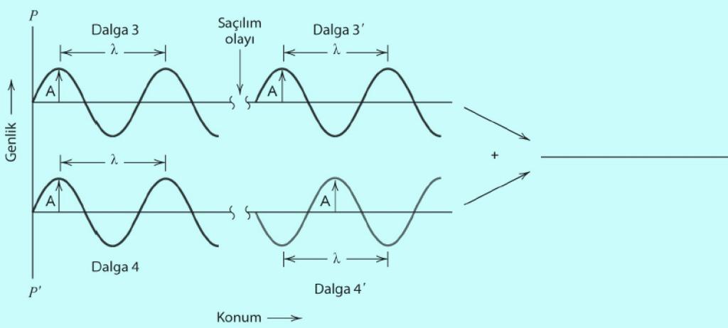 Dalgalar birbirlerini kuvvetlendirici yönde etkiler ve genliklerinin eklenmesi sonucu, şeklin sağ tarafında gösterilen dalga oluşur. Bu kırınımın bir göstergesidir.