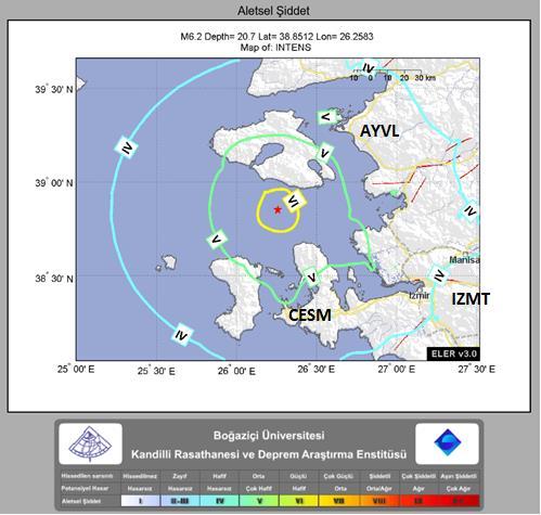 Deprem sonrasında otomatik olarak hazırlanan tahmini şiddet haritası (Kandilli Rapordan değiştirilerek