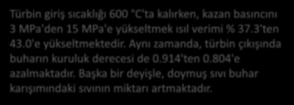 biçimde hesaplanabilir: Türbin giriş sıcaklığı 600 C'ta kalırken, kazan basıncını 3 MPa'den 15 MPa'e yükseltmek ısıl verimi % 37.