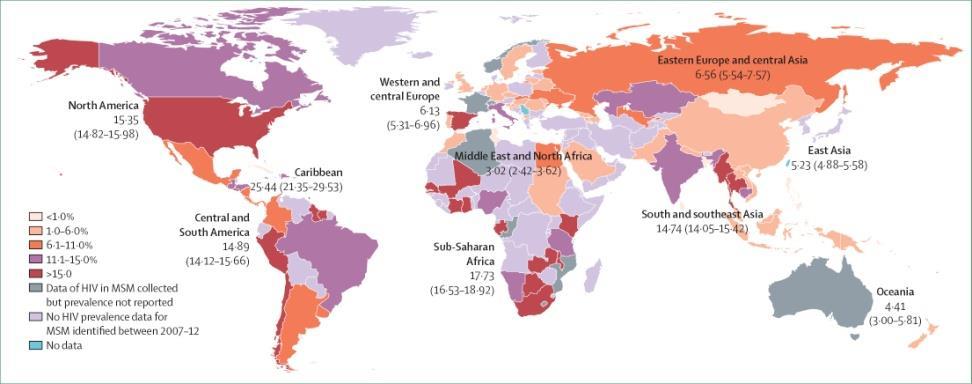 Erkeklerle seks yapan erkeklerde küresel HIV prevalansı (2007-2011) Küresel prevalans