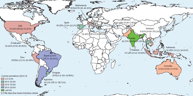 Trans cinsiyetli kadınlarda HIV prevalansının haritası (2000-2011) Küresel prevalans %19,1 (15 ülke-2013) Trans cinsiyetli kadınlarda, üreme çağındaki diğer