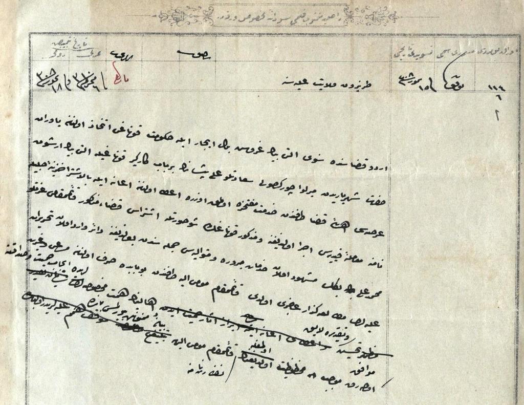 Trabzon Vilâyet-i Âliyyesine Fi 6 Muharrem Sene (1)310 ve fi 18 Temmuz Sene (1)308 (30 Temmuz 1892) Ordu kazasında senevi altıbin kuruş bi l-icar (kira) ile hühümet konağı ittihaz olunan yaveran-ı