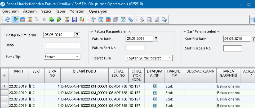 Servis Hareketlerinden Fatura/ İrsaliye/ Sarf Fişi Oluşturma Operasyonunun Şube Bazlı Çalışması Tamir Servis Yönetimi modülünde bulunan Servis Hareketlerinden Fatura/ İrsaliye/ Sarf Fişi Oluşturma