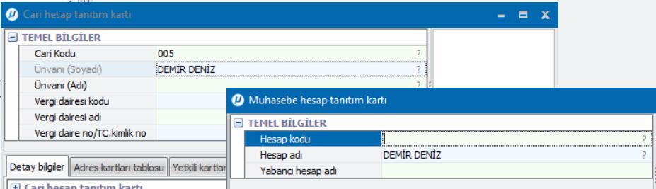 Açılan bu ekrandan Evet seçeneği ile ilerlendiğinde muhasebe hesap kartı açılacak ve açılan bu kartta cari