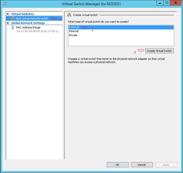 Windows Server 2012 R2 Hyper-V Failover Cluster Kurulum ve Yapılandırma-38 Virtual Switch Manager tıkladıktan sonra karşımıza yukarıda ki pencere
