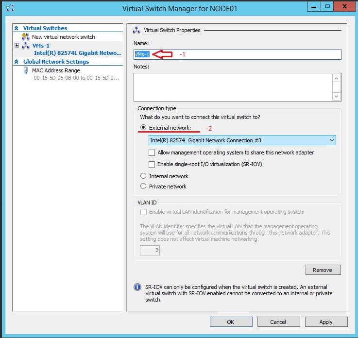 Windows Server 2012 R2 Hyper-V Failover Cluster Kurulum ve Yapılandırma-39 External virtual Switch bir isim vermemiz gerekmektedir. Ben -1 adımda VMs ismini veriyorum.