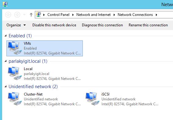 Windows Server 2012 R2 Hyper-V Failover Cluster Kurulum ve Yapılandırma-41 Node01 ağ ve paylaşım merkezinden baktığımızda VMs adında bir network ün enable