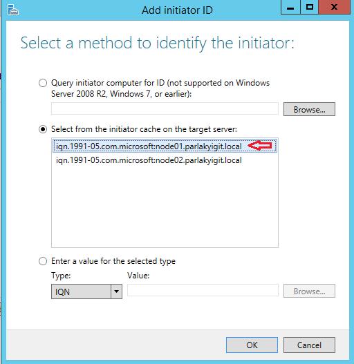 Windows Server 2012 R2 Hyper-V Failover Cluster Kurulum ve Yapılandırma-51 Karşımıza açılan Add Initiator ID penceresinde Select