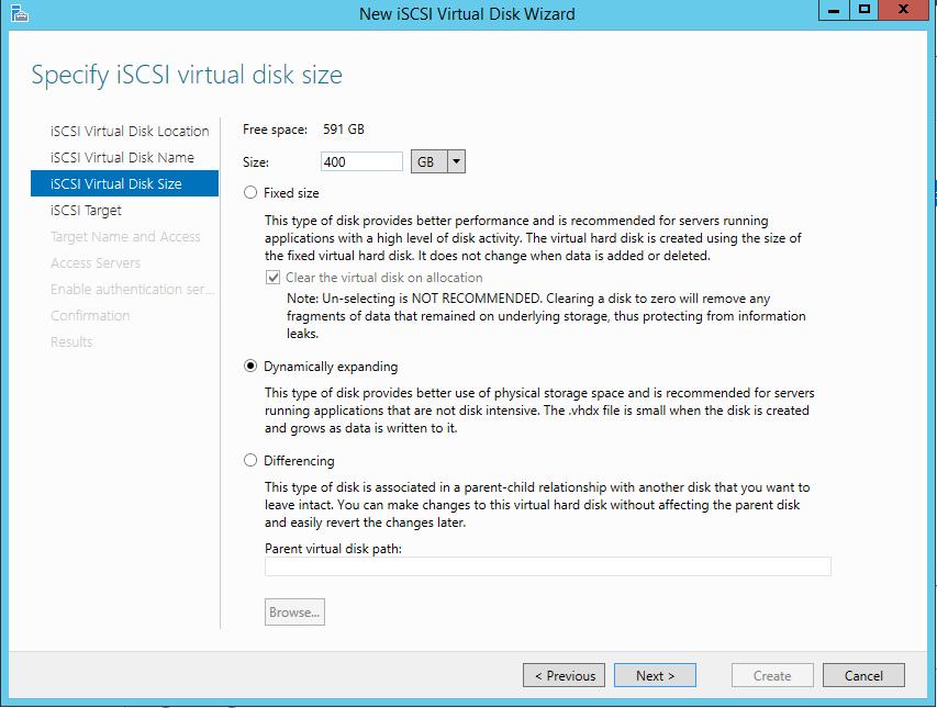 Windows Server 2012 R2 Hyper-V Failover Cluster Kurulum ve Yapılandırma-61 iscsi Virtual Disk Size ekranına geldiğimizde oluşturmuş olduğumuz sanal diskin boyutunu