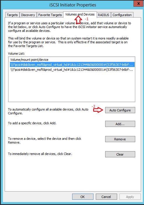 Windows Server 2012 R2 Hyper-V Failover Cluster Kurulum ve Yapılandırma-69 Şimdi yine iscsi Initiator Properties penceresinde volumes and devices sekmesine geçelim. Liste il etapta boş gelecektir.