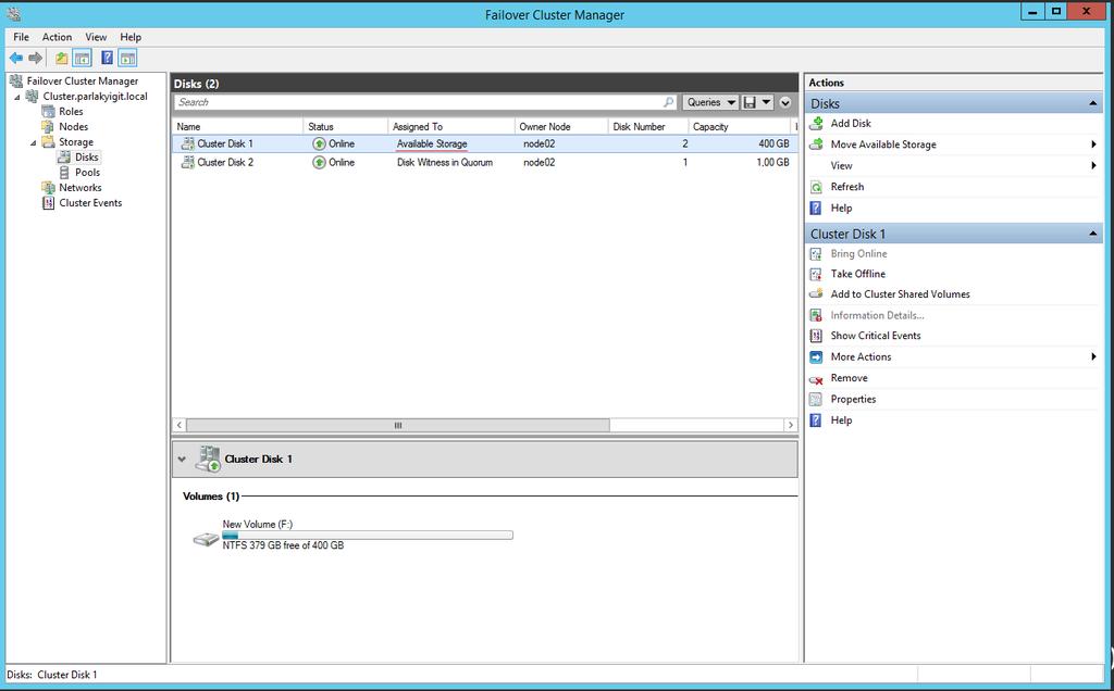 Windows Server 2012 R2 Hyper-V Failover Cluster Kurulum ve Yapılandırma-109 Cluster Disk 1 olan