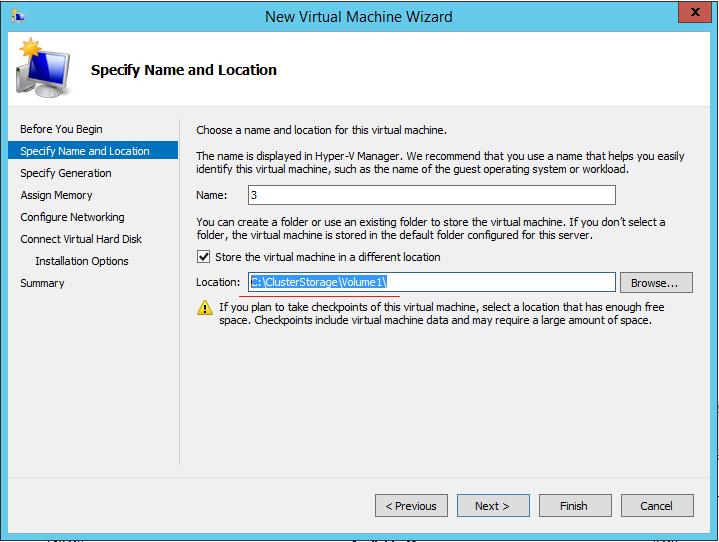 Windows Server 2012 R2 Hyper-V Failover Cluster Kurulum ve Yapılandırma-119 Karşımıza Specify Name and Location ekranı açılacaktır.