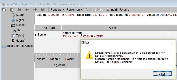 Nafaka alacakları için Alacak grubu tanımlarına Nafaka Başlangıç tarihi, Nafaka bitiş tarihi ve Nafaka Tutarı sahaları eklendi.