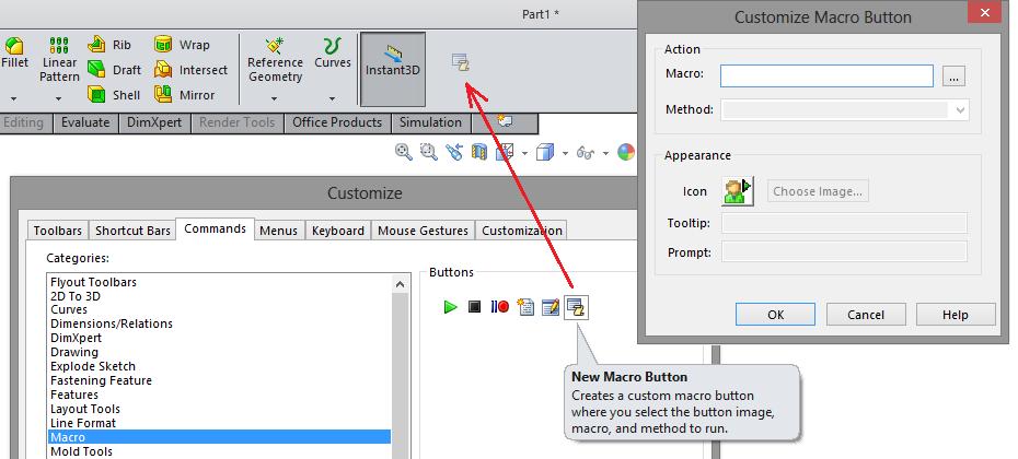 SolidWorks Macro Araç Çubuğu Düğmesine Makro Atama Araç çubuğu üzerinde mouse'un sağ tuşuna bas Açılan menüden kişiselleştir'i seç Komutlar sekmesinde