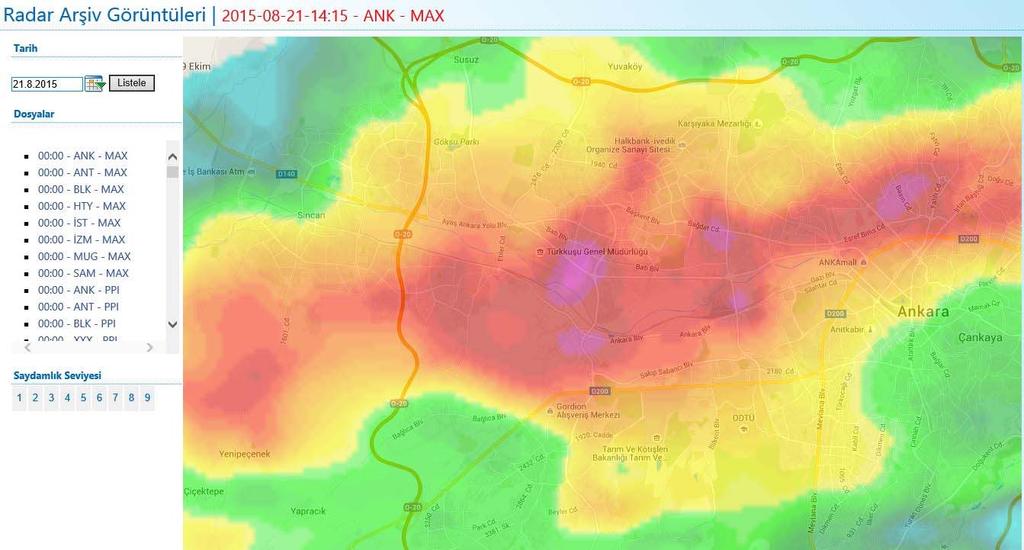 Radar reflektivite değerlerine göre bu hat üzerinde Etimesgut a düşen yağış miktarından daha