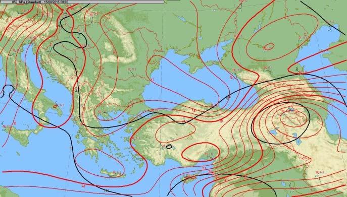 2.Sinoptik ve kararsızlık analizi: 15 Ağustos 2015 tarihine ait yer ve yüksek seviye haritalarının analizinde atmosferin yukarı seviyelerinde bir serin hava, -10 C, yere yakın seviyede ise 20 C gibi