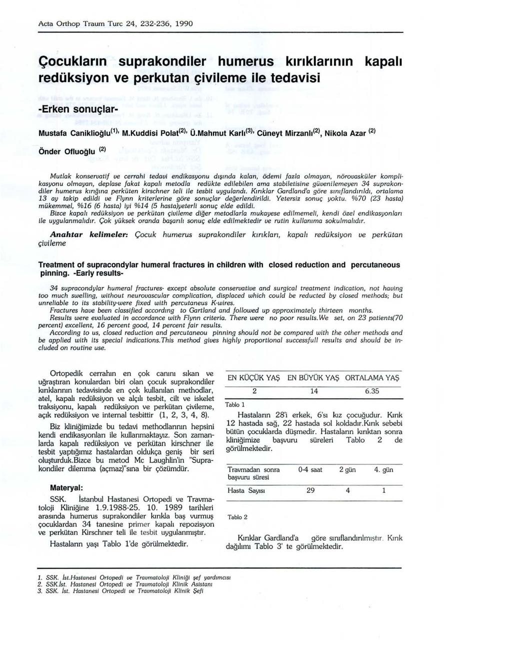 Acta Orthop Traum Turc 24, 232-236, 1990 Çocukların suprakondiler humerus kırıklarının redüksiyon ve perkutan çivileme ile tedavisi kapalı -Erken sonuçlar- Mustafa Caniklioğlu(1), M.