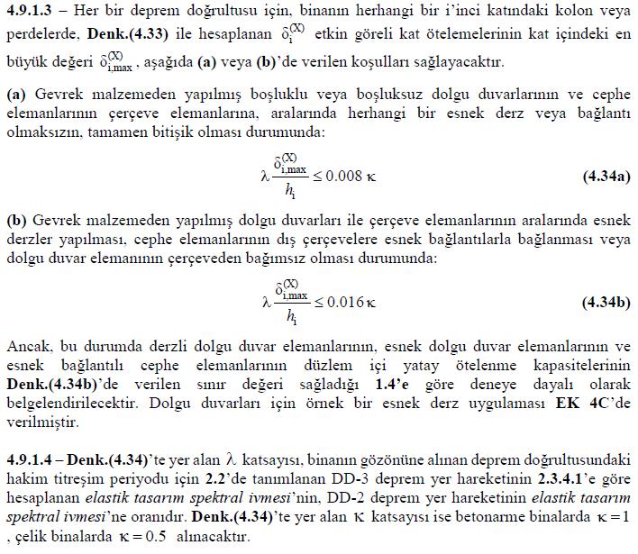 Etkin göreli kat ötelemeleri ( i); (Tablo 4.1) den R=8 (Tablo 3.1) den I=1.