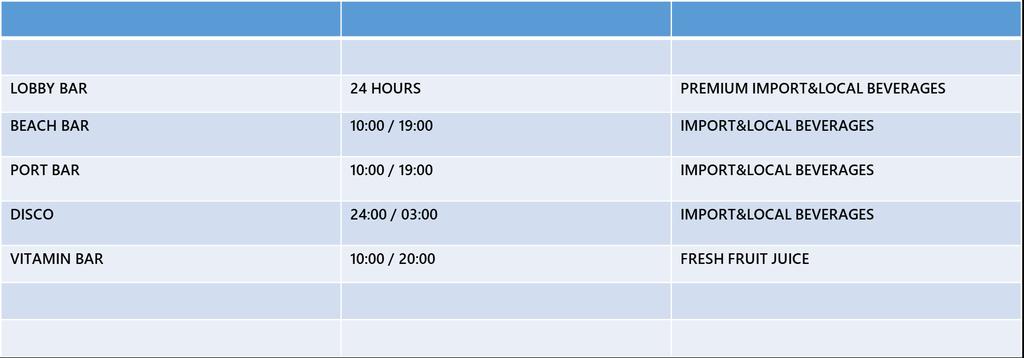 ULTRA HIGH CLASS ALL INCLUSIVE LOBİ BAR 24 HOURS PREMIUM SINIF YABANCI İÇKİLER & PREMIUM SINIF YERLİ İÇKİLER PLAJ BAR 10:00 / 19:00 YABANCI & YERLİ İÇKİLER İSKELE BAR 10:00 / 19:00 YABANCI