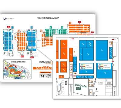 FUAR YERLEŞIM PLANI LOGOLARI Fuayelerde ve salon girişlerinde ziyaretçilerin firmaları bulmak için sıkça başvurduğu yerleşim planları yer alır.