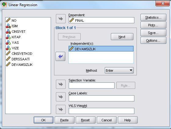 Basit Doğrusal Regresyon Yanda da FİNAL değişkeninin bağımlı değişken ve DEVAMSIZLIK