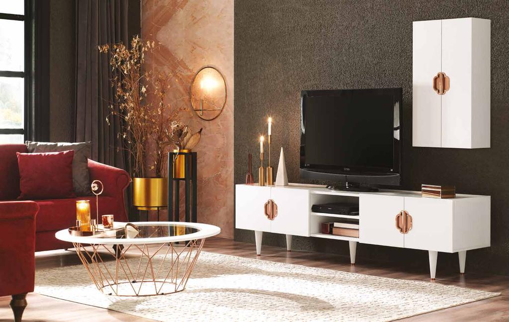 b YENİ Modern tasarımı ile stil sahibi evlere yeni bir görünüm getiren FOLK TV ÜNİTESİ, seriye özel beyaz renk ve mermer desen kombinasyonunu, rose rengi kulp tasarımıyla tamamlıyor.