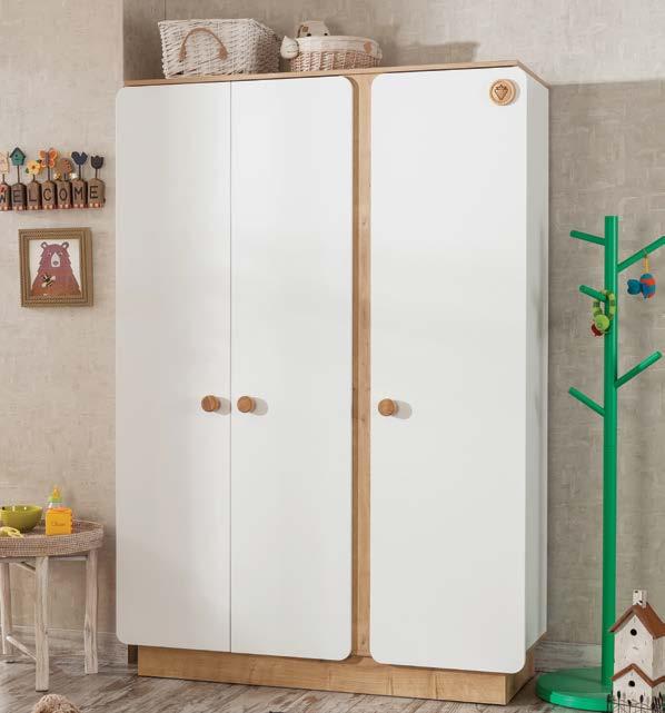 The wide interior space, practical shelves and illuminated hanger of this three door wardrobe, which was prepared by the magnificent combination of