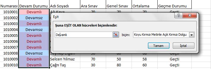 Şekil 39 Eşittir komutunun kullanımı Aşağıdaki şekilde devam durumuna, genel sınav notuna ve geçme durumuna göre koşullu biçimlendirme yapılmıştır.