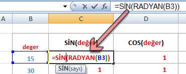 =MUTLAK(sayı) Sin(), Cos(), Tan(),