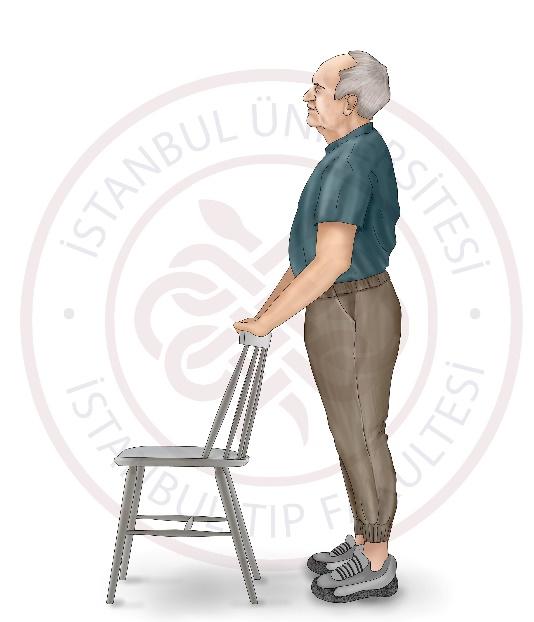 3.Egzersiz (Parmak Ucunda Yükselme) Ayaklarınızı omuz mesafesi açıklığında açarak bir masa veya sağlam bir sandalyeye yakın mesafede ayakta durun Dengeyi sağlamak için sandalye veya masadan