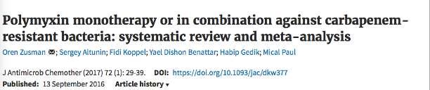22 çalışmada, 28 antibiyotik kominasyonu karşılaştırılmış Polimiksin monoterapisi mortalite açısından kombinasyon tedavisine göre daha