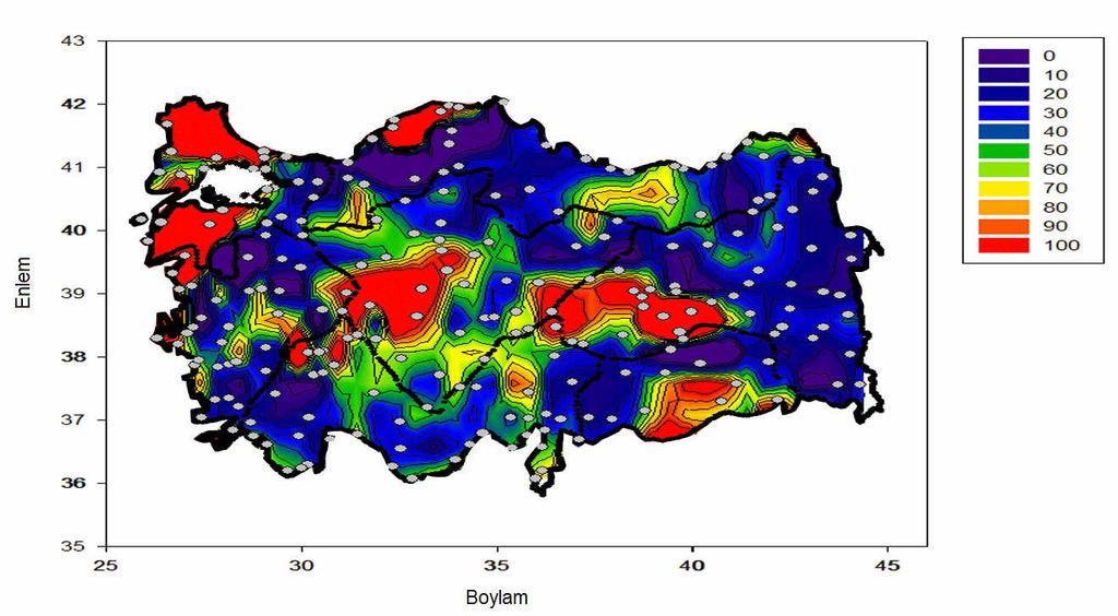 Şeil 4.4 Türiye yıllı ortalama güç aıları [W/m 2 ] 4.3.Marmara Bölgesindei İstasyonlar Sonuçlar bu bölgedei 25 adet istasyonun verileri ullanılara istatistisel analiz ile elde edilmiştir.