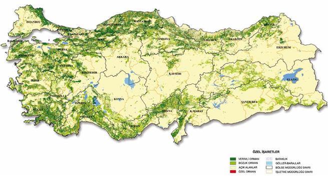 9- BİYOLOJİK ÇEŞİTLİLİK TÜRKİYE ORMAN VARLIĞI HARİTASI (2015) Kaynak: Orman ve Su İşleri Bakanlığı, Orman Genel Müdürlüğü, Türkiye Orman Varlığı -2015.