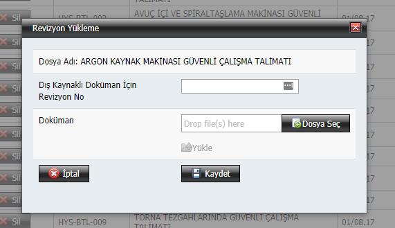 Bu ekrana ilgili veriler girilerek dokümana revizyon yüklenmiş olacaktır.