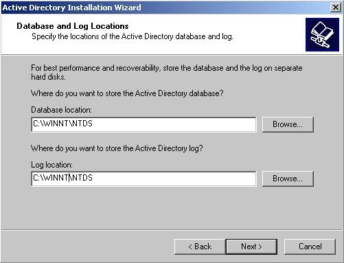 Active Directory için veritabaının ve log