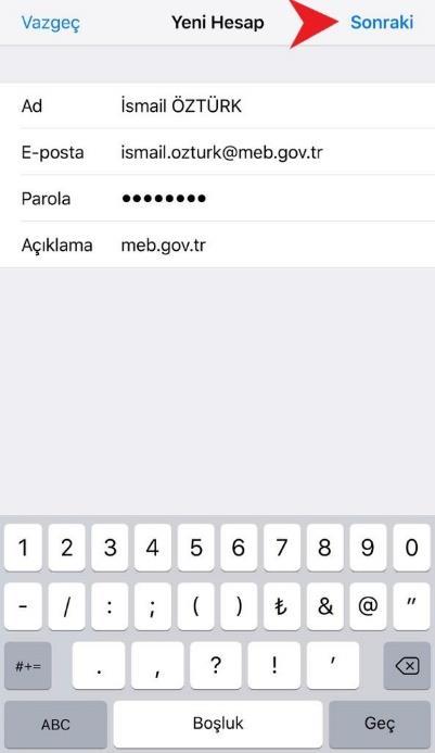 Yeni Hesap penceresinde Ad alanına Ad ve Soyad, E-posta alanına; Yeni Posta Şifresi Al işlemi esnasında mobil cihaza gönderilen