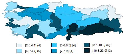 2004 yılı kadı işsizlik oralarıa ilişki dağılım haritası icelediğide; Erzurum, Ağrı, Va ve Mardi alt bölgeleride e düşük işsizlik oralarıı gerçekleştiği görülmektedir.