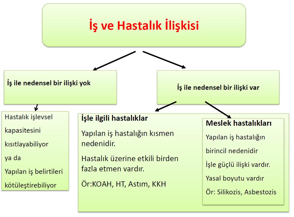 İşle ilgili hastalıklar: Yapılan iş hastalığın kısmen nedenidir. Hastalık üzerine etkili birden fazla etmen vardır. Ör: KOAH, Astım.