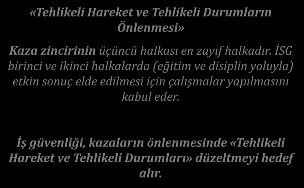 İŞ GÜVENLİĞİ BİRİNCİ PRENSİBİ Prensip-1 «Tehlikeli Hareket ve Tehlikeli Durumların Önlenmesi» Kaza zincirinin üçüncü halkası en zayıf halkadır.