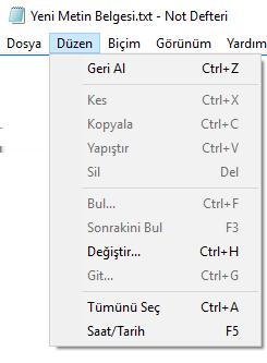 Geri Al: Yapılan en son işlemi geri alan komuttur. Yanlışlıkla yapılan ekleme ve silme işlemlerinde sıkça kullanılır.