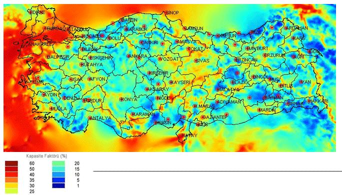 *Türkiye nin 70 m yükseklik için rüzgar enerjisi kapasite faktörü haritası verilmiştir.