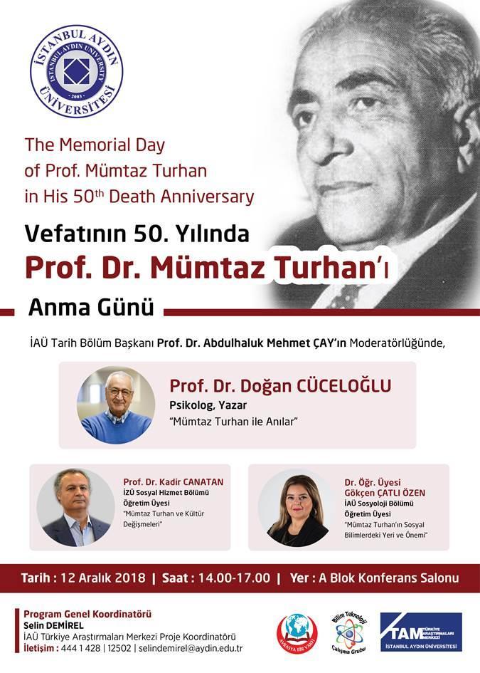 Duyurular PANEL Türkiye Araştırmaları Merkezi İAÜ Türkiye Araştırma Merkezi tarafından Vefatının 50. Yılında Prof. Dr. Mümtaz Turhan ı Anma Günü isimli panel düzenlenecektir.
