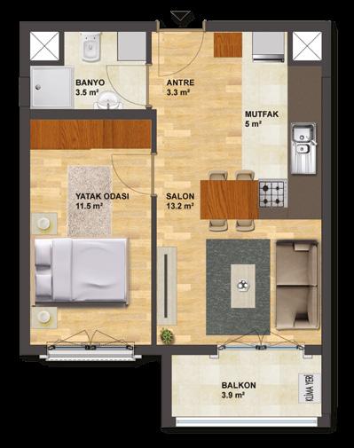 (1+1) DAİRE PLANLARI TİP-1B: 46,5 m² TİP-1: 41,4 m²